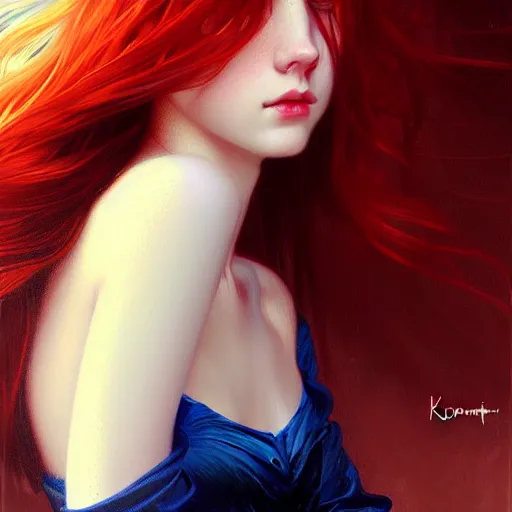 Prompt: portrait of teenage girl with long glossy red hair, blue eyes, glowing skin, fashion model features, fantasy, intricate, elegant, dress shirt and tie, highly detailed, digital painting, artstation, concept art, smooth, sharp focus, illustration, art by Krenz Cushart and Artem Demura and alphonse mucha