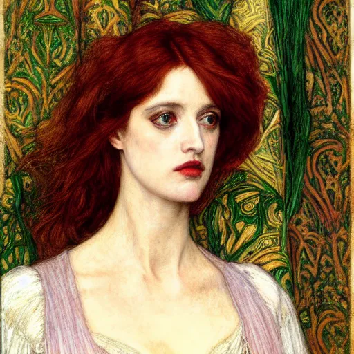 Prompt: Pre-Raphaelite Eva Green by Dante Gabriel Rossetti, by William Holman Hunt, by John Everett Millais, James Collinson, by Frederic George Stephens, pale, elegant, bold colors