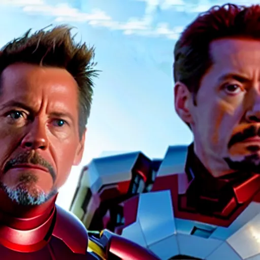 Image similar to film still of Kevin Bacon as Tony Stark in Ironman armor without the head piece in the new Avengers movie