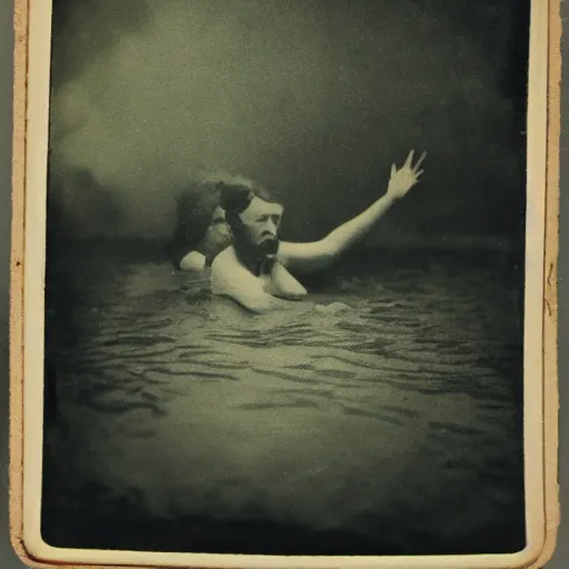 Image similar to tintype photo, underwater, dinosaur swimming