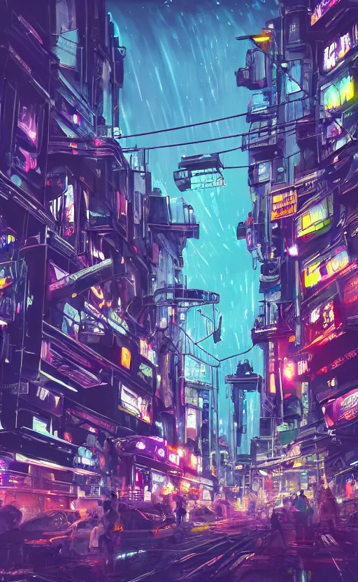 Image similar to lively futuristic sci-fi city superstructure, neon lights and illuminated windows, grungy textures and graffiti, crowds of people, cinematic street view, long sight lines with starry sky, clean 8k sci-fi illustration, trending on art station