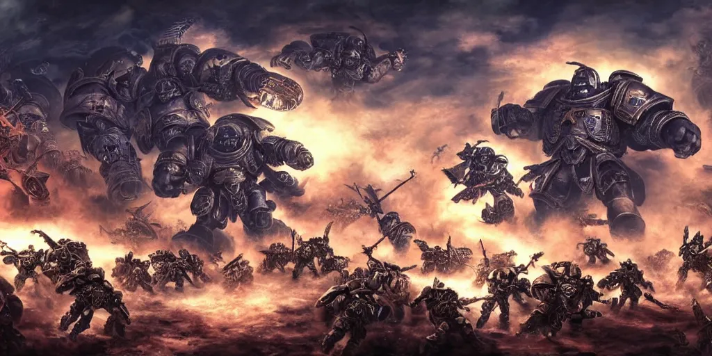 Prompt: a highly detailed digital painting of space marines battling primarch, epic composition, volumetric lighting, warhammer