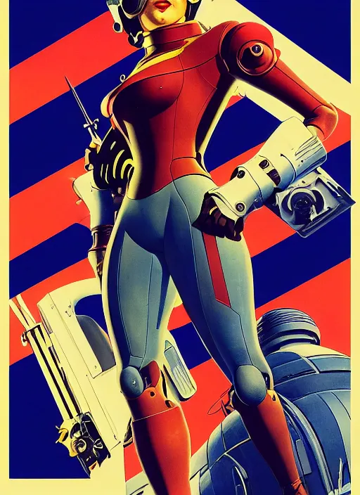 Image similar to american propaganda poster art. powerful cyberpunk pilot. portrait by jean giraud and anton otto fischer and john philip falter and will eisner and gil elvgren and pixar. full body. realistic proportions. science fiction d & d. overwatch, rb 6 s, cyberpunk 2 0 7 7, blade runner 2 0 4 9. cel shading. thick lines.