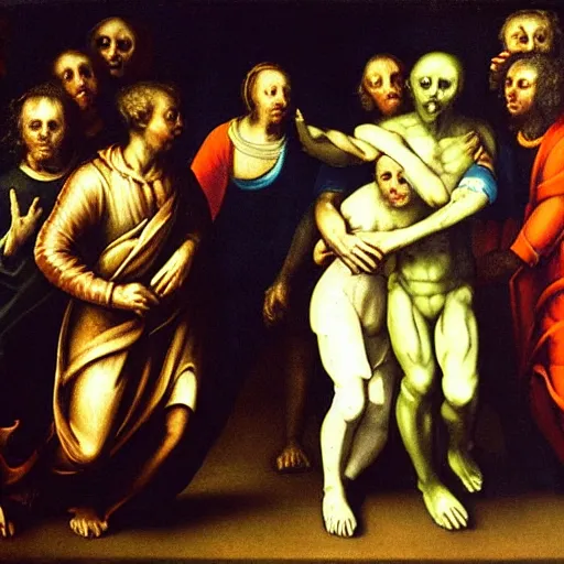 Prompt: alien walking between people, Renaissance painting style