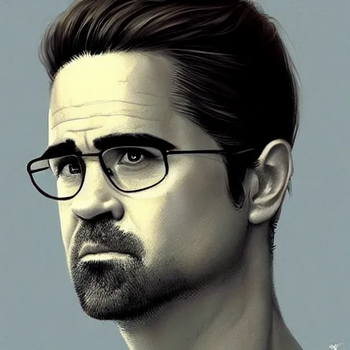 Image similar to “Portrait of Colin Farrell by Greg Rutkowski, young, attractive, highly detailed portrait, scifi, digital painting, artstation, concept art, smooth, sharp foccus ilustration, Artstation HQ”