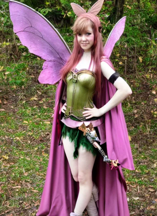 Image similar to Brown hair pink eye female faerie heart paladin planeteer + Tinkerbell +pixie hollow + steampunk + full dress + sparked and a full plate armor + D&D + full body