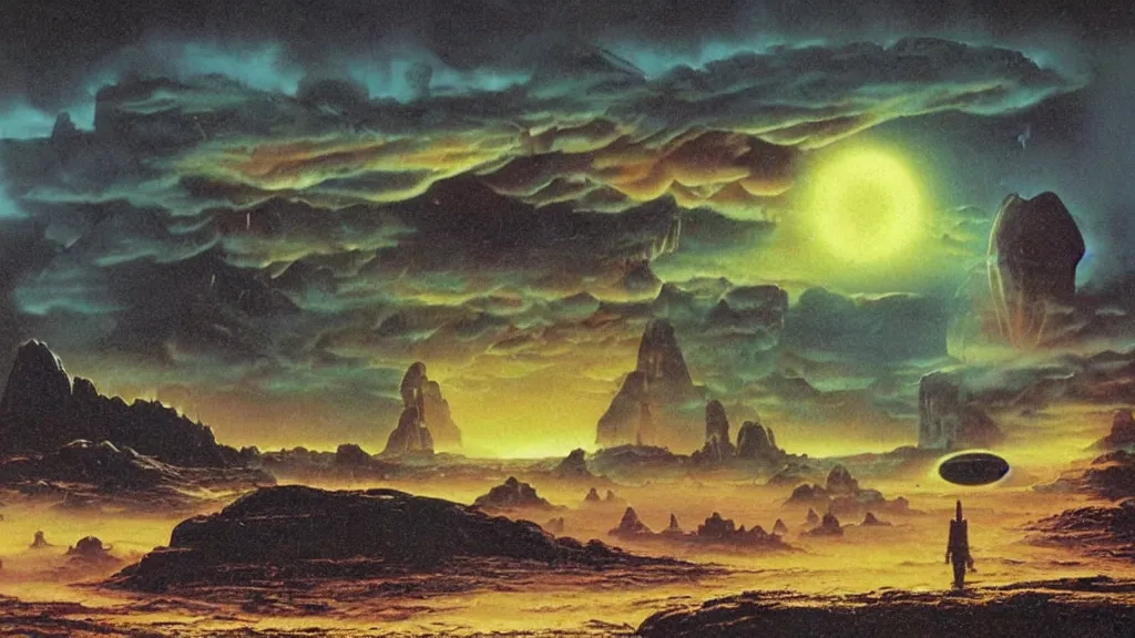 Prompt: eerie atmospheric alien planet with sinister landscape by angus mckie and bob eggleton and chris moore, epic cinematic matte painting