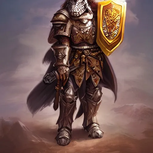 Image similar to holy paladin wearing full plate armor holding a monkey crest shield and holding flame tongue sword and riding a velociraptor, concept fantasy, dnd