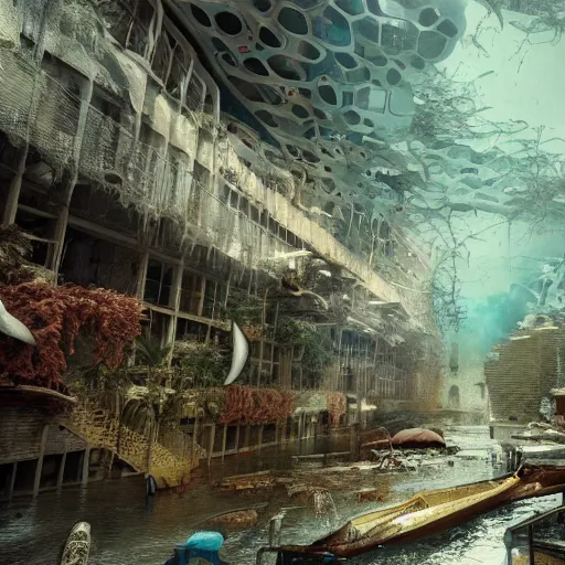 Image similar to An abandoned city center under water, horror, liminal, hyper detailed, dramatic lighting, CGsociety, realistic, fish, hyper detailed, insane details, intricate, dramatic lighting, hypermaximalist, golden ratio, rule of thirds, octane render, weta digital, micro details, ultra wide angle, Artstation trending, 8k,