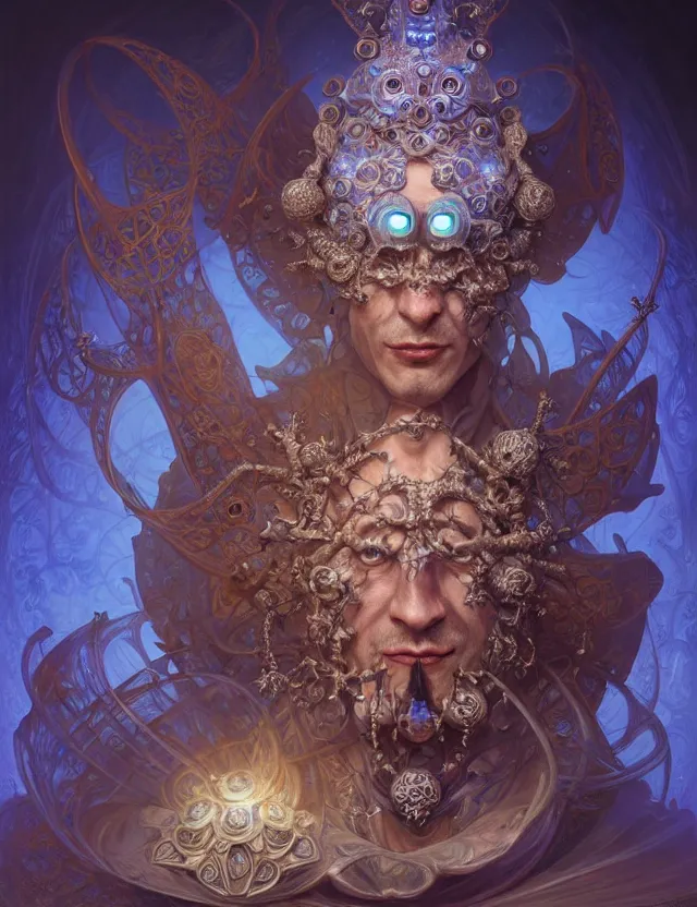 Image similar to front shot of a court jester character, hyperdimensional, bioluminescent hypercubes, ((intricate)), elegant, highly detailed, centered, (((artstation, concept art, smooth, sharp focus, artgerm, Tomasz Alen Kopera, Peter Mohrbacher, donato giancola, Joseph Christian Leyendecker, WLOP, Boris Vallejo))), mugshot!!!!!, ugly!!!!!!, octane render, nvidia raytracing demo, grainy, muted, 8K, digitalblasphemy