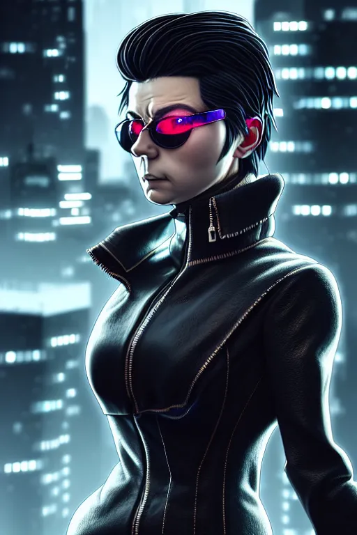 Image similar to hyperdetailed very close portrait of a european fourty years old woman with grey eyes in a leather suit with a pin in a cyberpunk city inspired by ross tran and wlop and masamune shirow and kuvshinov, concept art, intricate, photorealistic, octane render, rtx, hdr, unreal engine, dnd digital art by artgerm