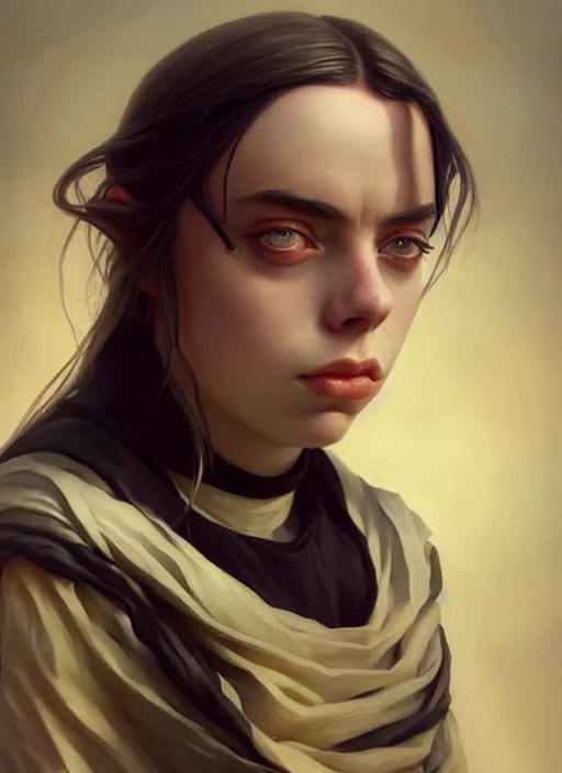 Image similar to Overlord Billie Eilish, slight smile, highly detailed, digital painting, artstation, concept art, sharp focus, illustration, art by wlop and J. C. Leyendecker and Edmund Bliar Leighton and Charlie Bowater