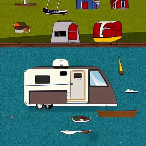 Prompt: fifth wheel camper towable rv on the grass by the harbor in maine, rocky coast, sailboats in the water, tiny village, white background, cute digital cartoon painting art, 4 colors!!! trending on artstation