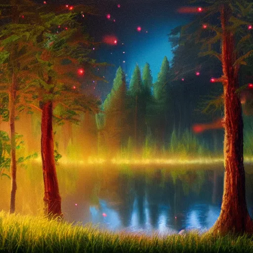 Image similar to lake, forest, night, fog, trees, glowing fireflies, moonshine, volumetric lighting, canvas, oil paint