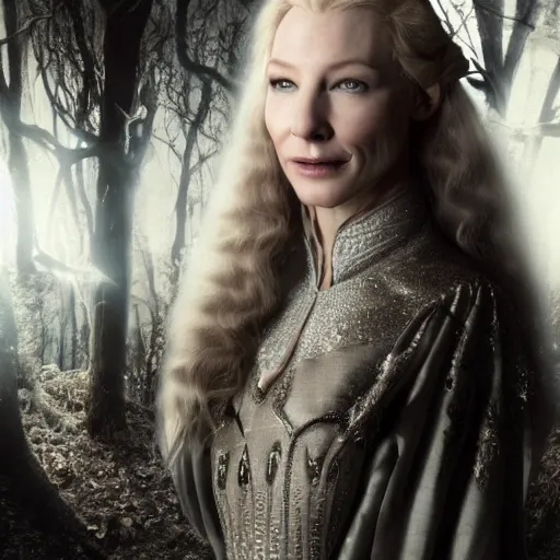 Prompt: portrait of mischievous, enigmatic!!, dangerous young!!! Galadriel (Cate Blanchett) as a queen of elves, dressed in a refined silvery garment. The background is a dark, chilling eastern european forrest. night, horroristic shadows, magical, higher contrasts, (((lumnious))), theatrical, character concept art by ruan jia, (((thomas kinkade))), and J.Dickenson, trending on Pinterest, ArtStation