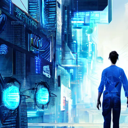 Prompt: young man from behind with wings of pure blue energy coming out of his back flying off into a cyberpunk city, highly detailed, realistic, symmetrical face, art by digital painting,