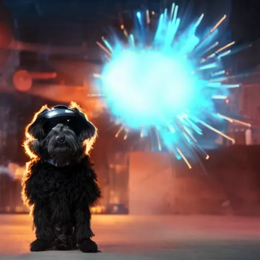 Image similar to photograph of a futuristic robotic black coton de tulear dog with black fur, wearing power armor, explosion in the background, cinematic