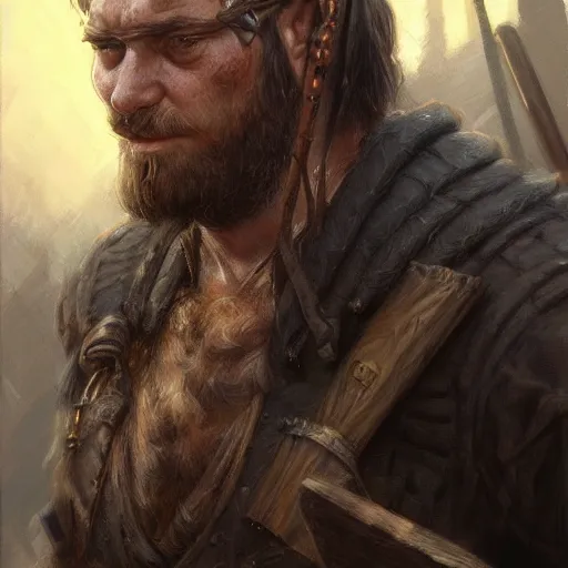 Prompt: the sad blacksmith as a realistic fantasy d & d character, closeup portrait art by donato giancola and greg rutkowski, realistic face, digital art, trending on artstation