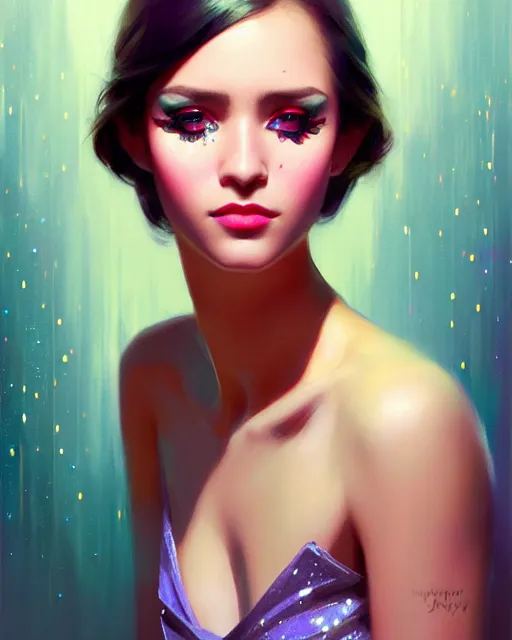 Prompt: stylized portrait of an artistic pose, composition, young fancy lady with white eyes and glitter makeup, realistic shaded, fine details, realistic shaded lighting poster by ilya kuvshinov, magali villeneuve, artgerm, jeremy lipkin and michael garmash and rob rey