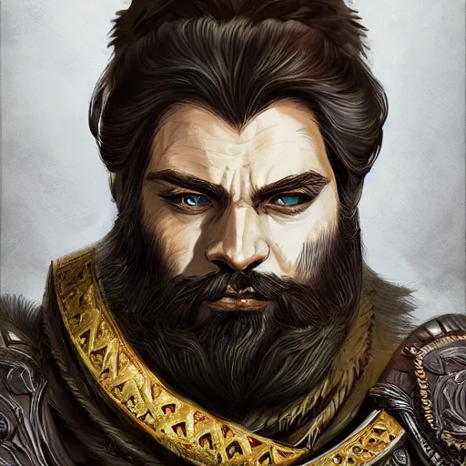 Prompt: bearded male warrior, D&D, painted fantasy character portrait, highly detailed, digital painting, artstation, concept art, sharp focus, illustration, art by Shepard Fairey and Maurice Sendak