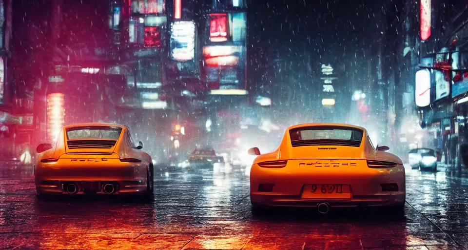 Image similar to close up macro shot of a porsche 9 1 1 car on wet city street at night, intricate, hyper detailed, smooth, high contrast, neon, volumetric lighting, octane, moebius, greg rutkowski, blade runner, ripley scott, cindmatic