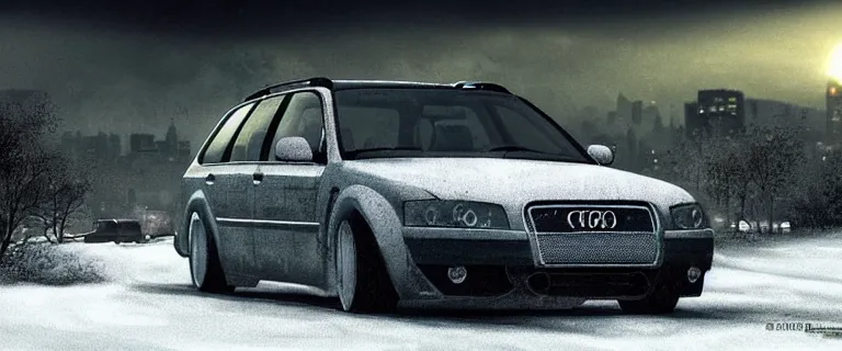 Prompt: Audi A4 B6 Avant (2002), a post apocalyptic, dramatic lighting, cinematic, establishing shot, extremly high detail, photorealistic, cinematic lighting, artstation, style by greg rutkowsky, Max Payne (2001) winter New York landscape