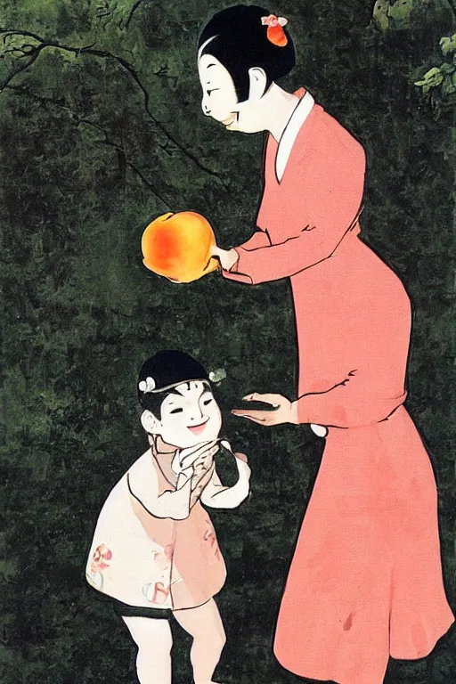 Image similar to a young smiling girl gives a peach to a really large anthropomorphic asian black bear, in the style of foujita tsuguharu