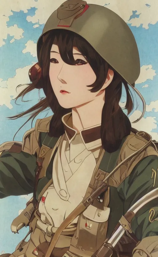 Prompt: japanese pilot girl fighting ww2, anime style, long hair, hair down, symmetrical facial features, ww2 era, hyper realistic, pale skin, 4k, rule of thirds, extreme detail, detailed drawing, trending artstation, hd, konpeki no kantai, D&D, realistic lighting, by Alphonse Mucha, Greg Rutkowski, sharp focus, backlit, soldier clothing