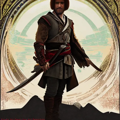 Prompt: an ultra detailed vector image of bob ross dressed as ezio auditore, concept art by alphonse mucha and greg rutkowski, praise the blood moon, octane render
