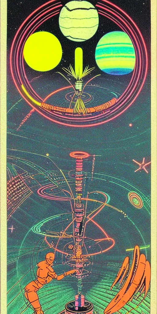 Prompt: 1968 science fiction tarot card, cut out collage, neon Aztec, spring on Saturn, epic theater, deep sea, mountain plants, drawings in part by moebius, part by Ernst Haekl, text by William S Boroughs, written by Michael Ende