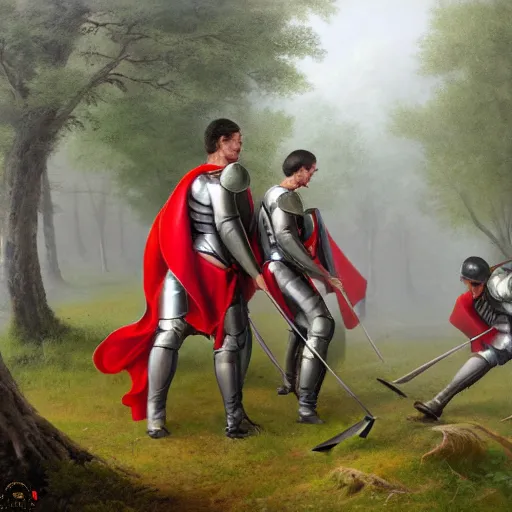 Prompt: soldiers with shields and swords and bows! hiding behind trees! on an elevated hill in a! misty, foggy! forest looking down on a army of gladiators with red capes, walking on a path through the forest below them.! shiny swords, well equiped. painting by eugene de lacroix, 4 k, realistic, anatomically correct, beautiful