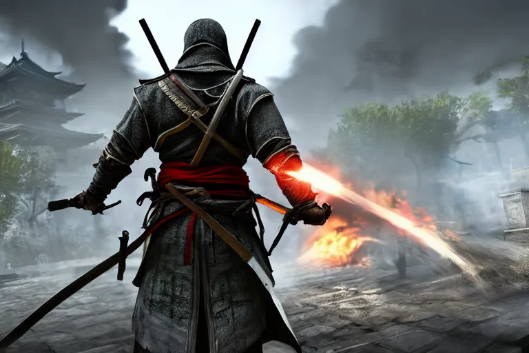 Prompt: Ingame Screenshot of Assassins' Creed 6: Tokyo Shinobi, for ps5, Highly Detailed, Feudal era Japan, Tokyo, Ghost of Tsushima and Sekiro as references, Unreal engine 5, HD, Ultra Graphic settings, 8k, GTX 3090, 🔥 😎 🕹️ 👀