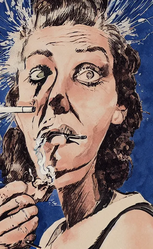 Image similar to woman smoking a cigarette artwork in the style of ralph steadman, 8 k, hyperrealistic, hyperdetailed