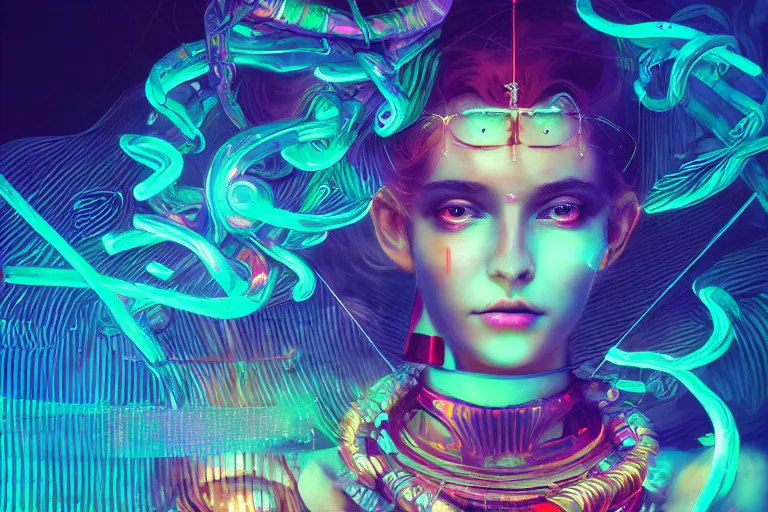 Image similar to photo of surreal goddes of war in neon lighting, elegant, highly detailed, smooth, sharp focus, trippy, dmt, psychedelic, illustration, beautiful, geometric, trending on artstation, cinematic, artwork by WLOP