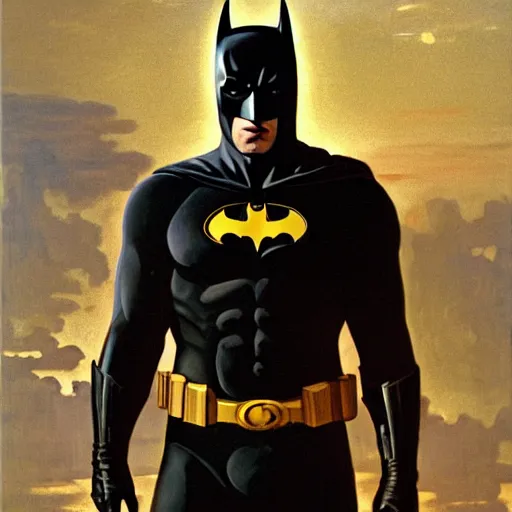 Prompt: Painting of Ben Affleck's Batman wearing his Batman suit in full. Art by William Adolphe Bouguereau. During golden hour. Extremely detailed. Beautiful. 4K. Award-winning.