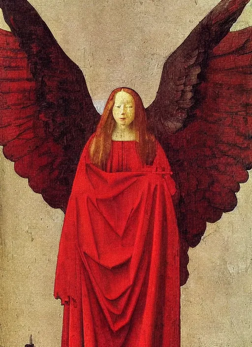 Image similar to Flying Fallen Angel with wings dressed in red, Medieval painting by Jan van Eyck, Johannes Vermeer, Florence