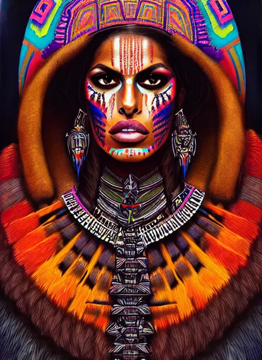 Image similar to portrait of eva mendes, hyper detailed ultra sharp aztec shaman warrior. trending on artstation, warpaint aesthetic, bloodwave, colorful, psychedelic, ornate, intricate, digital painting, concept art, smooth, sharp focus, illustration, art by artgerm and greg rutkowski and h. r. giger, 8 k