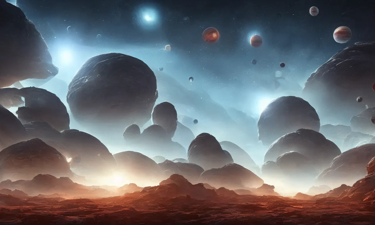 Prompt: beautiful alien landscape with planets in the sky, concept art trending on artstation, 8k