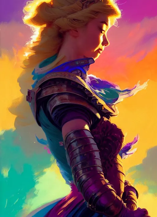 Image similar to side portrait, imogen poots, paladin, gloomhaven, colorful gaudy colors, luminescent, hard edges, organic painting, by greg manchess, huang guangjian, gil elvgren, greg rutkowski, jesper ejsing, magali villeneuve, artgerm, ilya kuvshinov