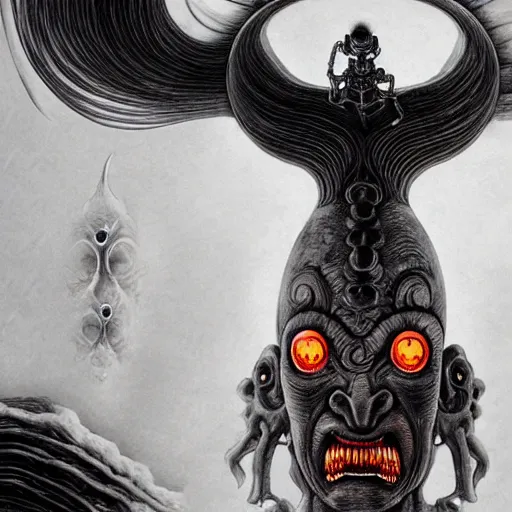 Image similar to naraka buddhist demon korean female, angry female alien, multiple eyes, tubular creature, blood vessels, no face, dystopian surrealism, alex ries zdzisław beksinski, symmetrical long head, smooth marble surfaces, smooth marble surfaces, detailed ink illustration, detailed ink illustration, raiden metal gear, cinematic smooth stone, deep aesthetic