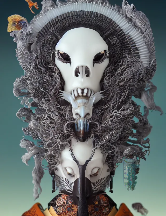 Image similar to 3 d goddess close - up frontal portrait with ram skull. beautiful intricately detailed japanese crow kitsune mask and clasical japanese kimono. betta fish, jellyfish phoenix, bio luminescent, plasma, ice, water, wind, creature, artwork by tooth wu and wlop and beeple and greg rutkowski