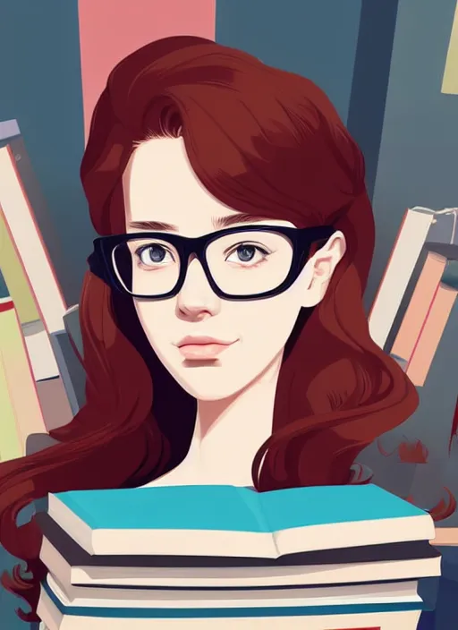 Prompt: a young woman with red hair and glasses sits on top of a tall pile of books. clean cel shaded vector art, beautiful detailed face. shutterstock. behance hd by artgerm, helen huang, by makoto shinkai and lois van baarle, ilya kuvshinov, rossdraws, illustration, art by ilya kuvshinov