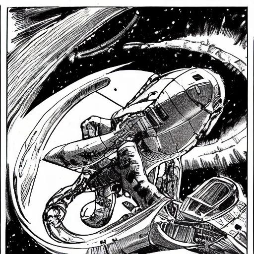 Prompt: drawing of a giant space squid attacking a spaceship, action scene, vintage, seventies, pulp style, dramatic lighting, highly detailed, drawn by Moebius