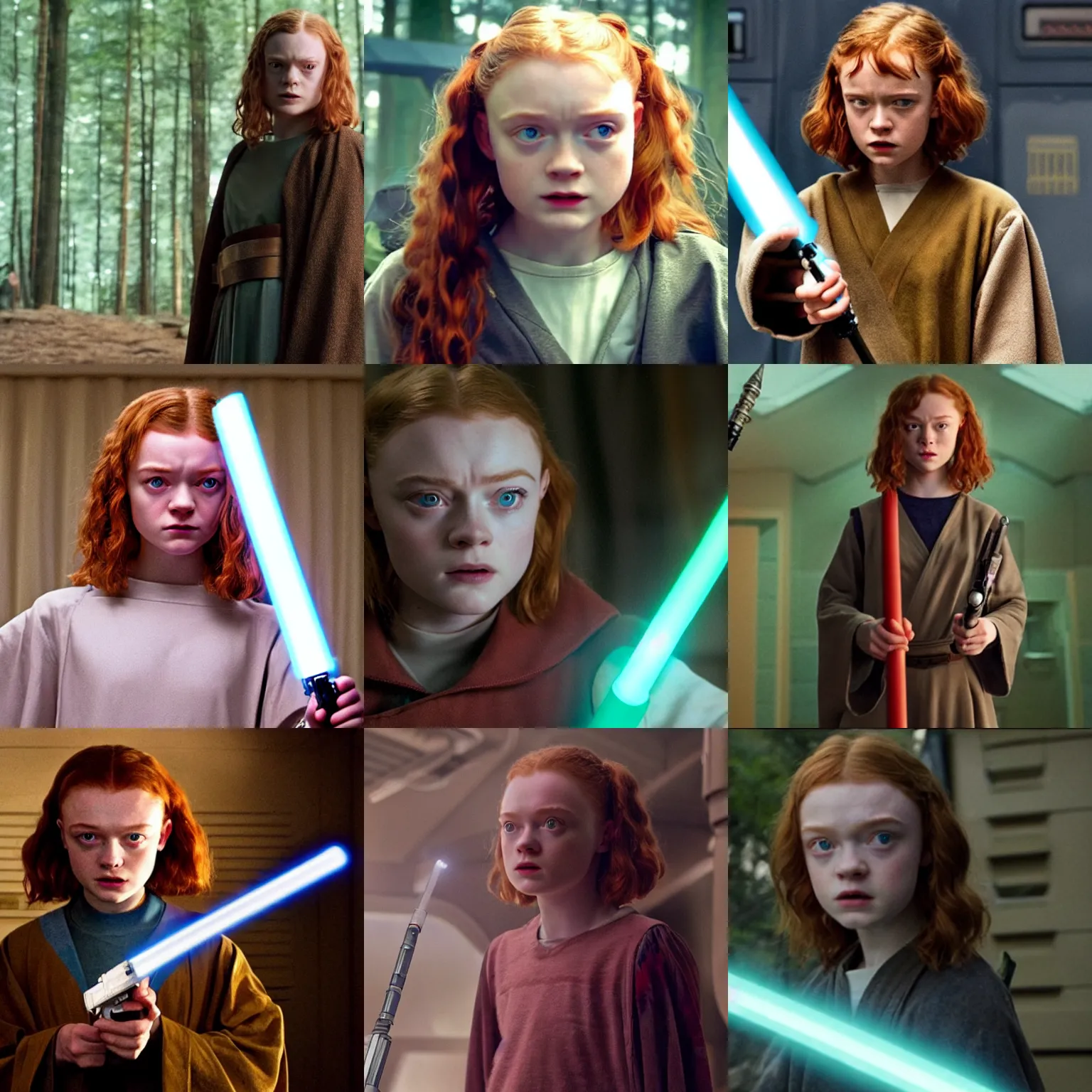 Prompt: Sadie Sink as a Jedi Master, with her lightsaber, tv still from Stranger Things