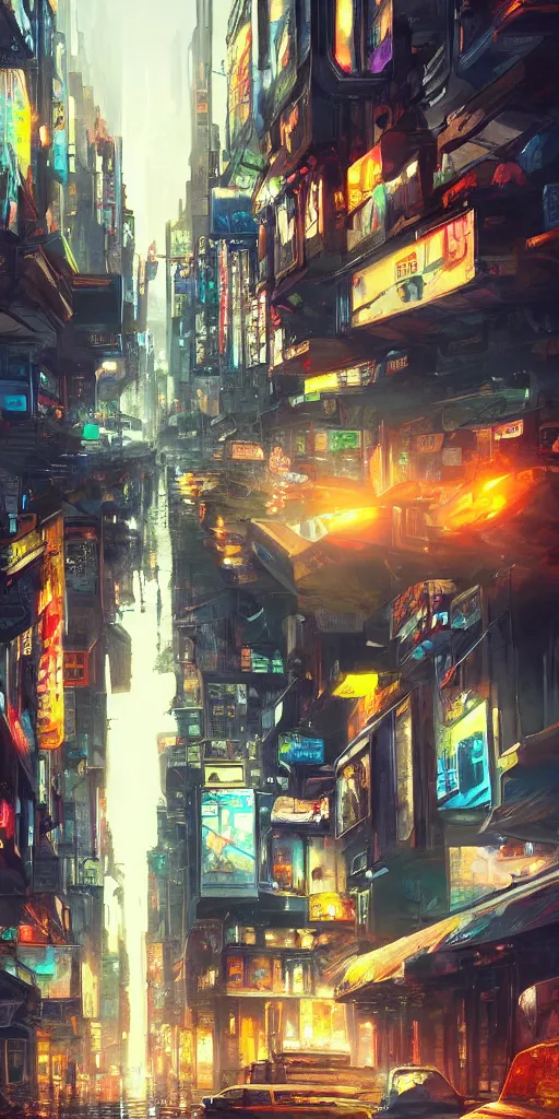 Image similar to an epic painting of the city street, oil on canvas, cold colors, perfect composition, golden ratio, beautiful detailed, photorealistic, digital painting, artstation, concept art, smooth, sharp focus, illustration, cyberpunk background, artstation trending, octane render, unreal engine