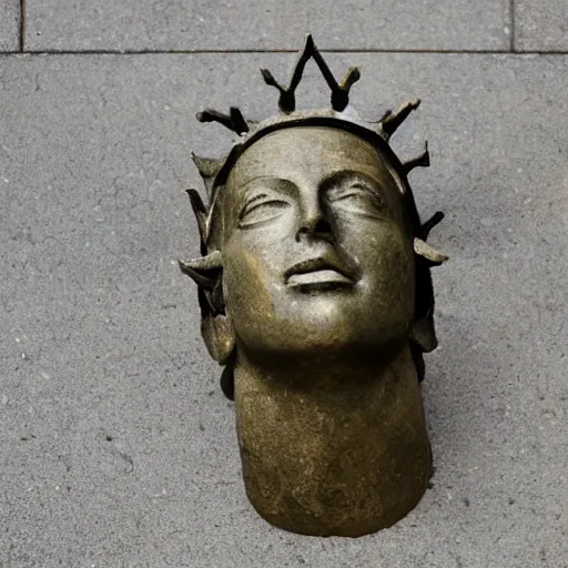 Prompt: cut off statue of libertys head with crown is lying sideways on the ground .low angle painting