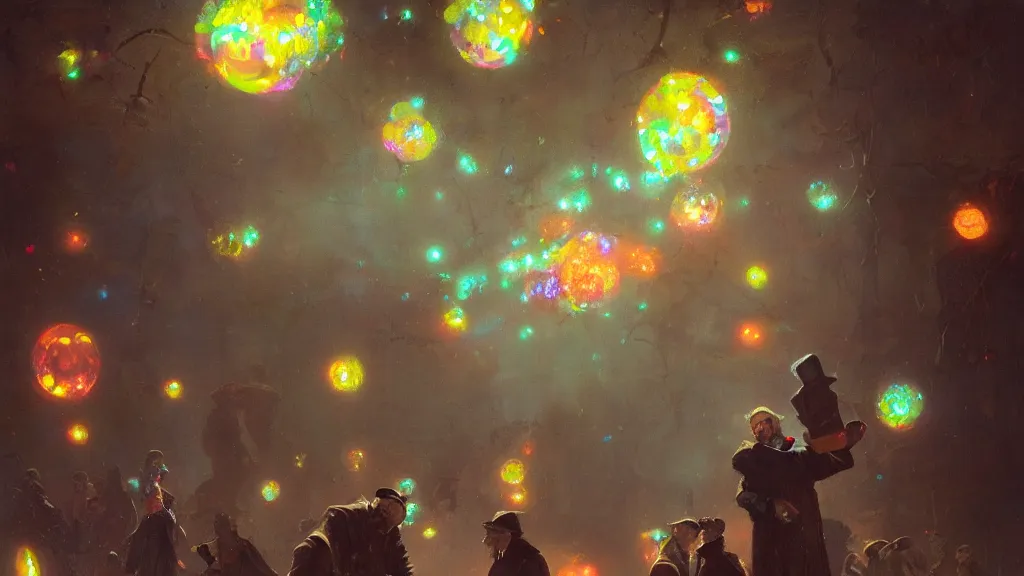 Image similar to swarm of colorful glowing iridescent discs surrounding a victorian man, by greg rutkowski