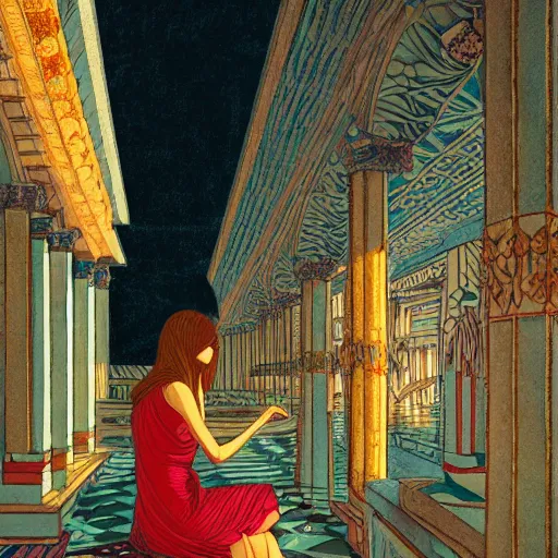 Image similar to a girl lost in a temple, film still by wes anderson, depicted by leon battista alberti, limited color palette, very intricate, art nouveau, highly detailed, lights by hopper, soft pastel colors, minimalist