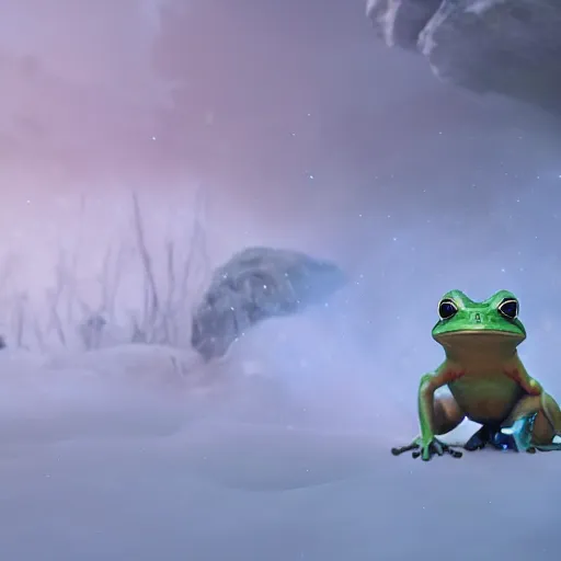 Prompt: frog time wizard spraying a freezing gale, epic, ( david and goliath ), cinematic, fantasy, digital art, 8 k