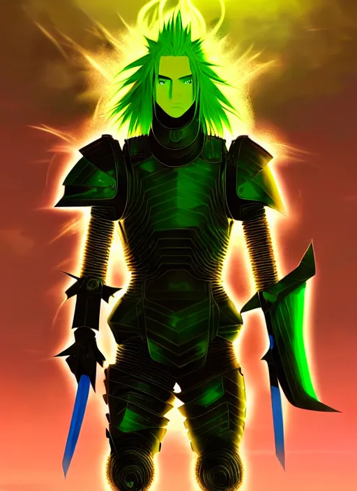 Prompt: a striking cinematic full body manga portrait of a male warrior with long blonde hair and blue eyes wearing evil green spiked cyberpunk armour and standing in a desolate desert wasteland by hirohiko araki and beeple, fine details, digital art, character concept art, volumetric lighting, cinematic light, photorealistic